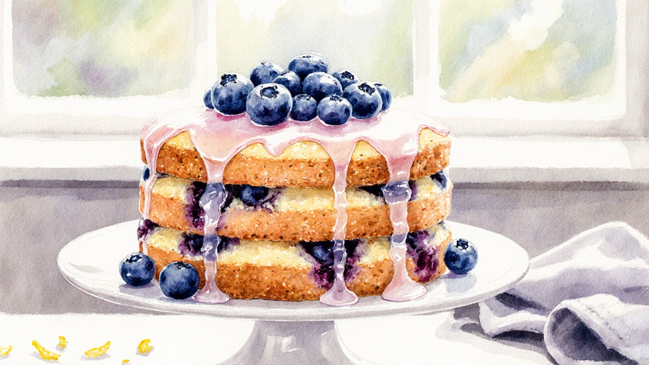 A light lemon blueberry cake with fresh berries and a delicate glaze in soft morning light.