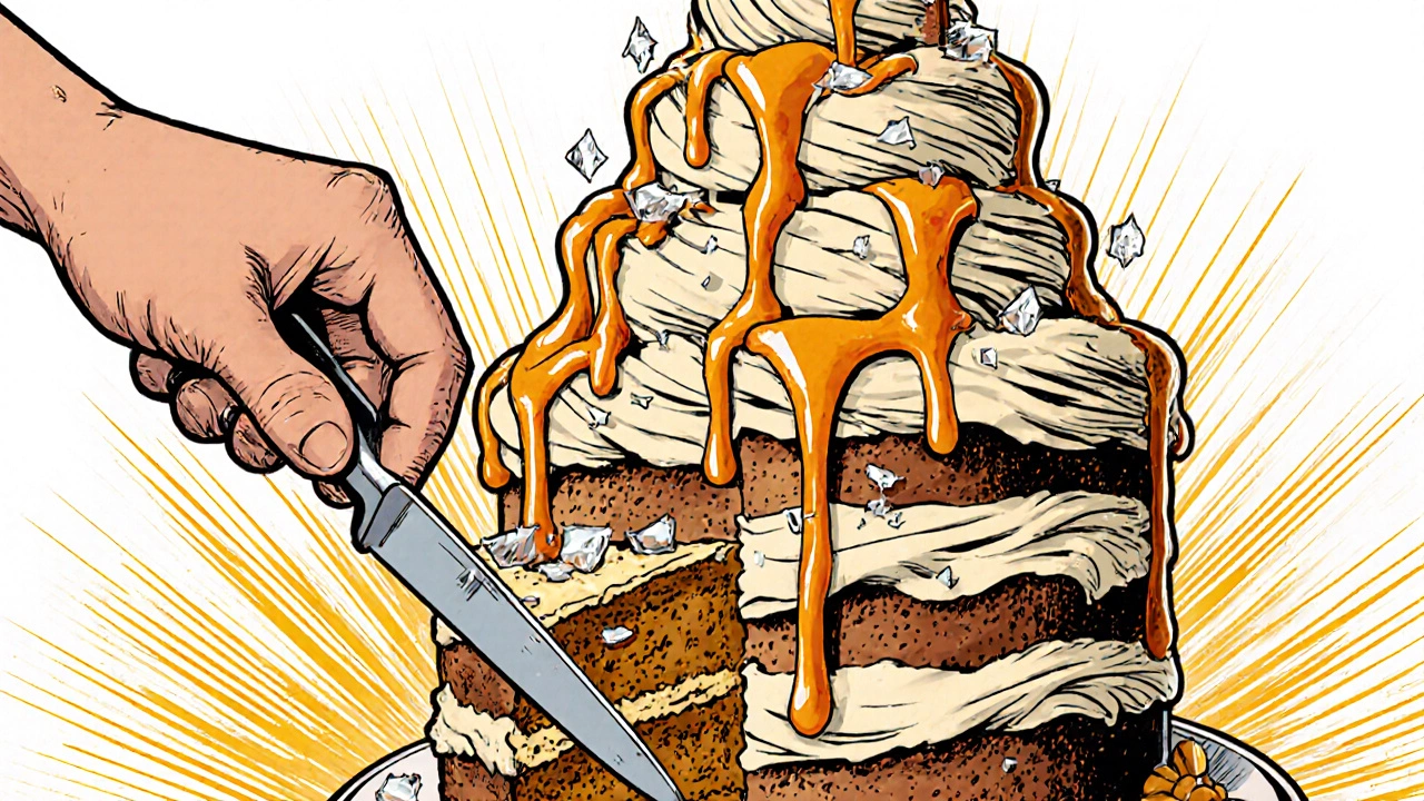 A salted caramel cake with swirling frosting and caramel drizzle, cut to reveal moist layers.