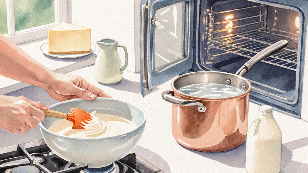 Baker&#039;s hands folding cream in a bowl with a water‑bath pot and an open oven nearby.