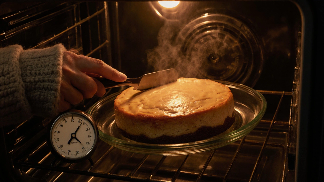 Baker checks a cheesecake baking in a water bath, ensuring smooth, crack‑free surface.