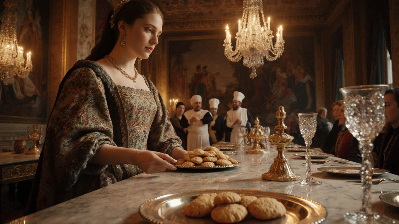 Catherine de Medici overseeing chefs presenting almond cookies at a royal banquet.