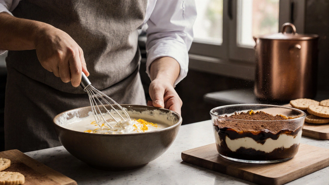 Chef whisking cheese coalho mixture for tiramisu with coffee‑soaked ladyfingers nearby.