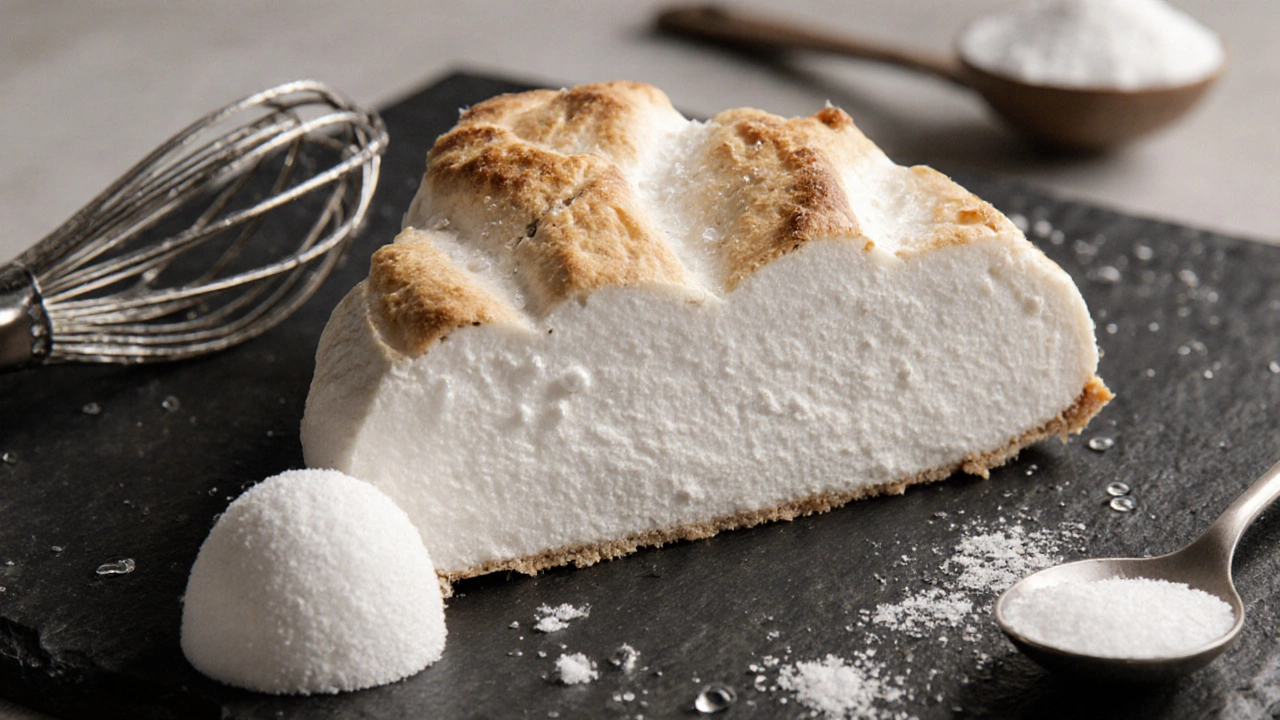 Close‑up cross‑section of a Pavlova showing crisp crust and soft interior with ingredient details.
