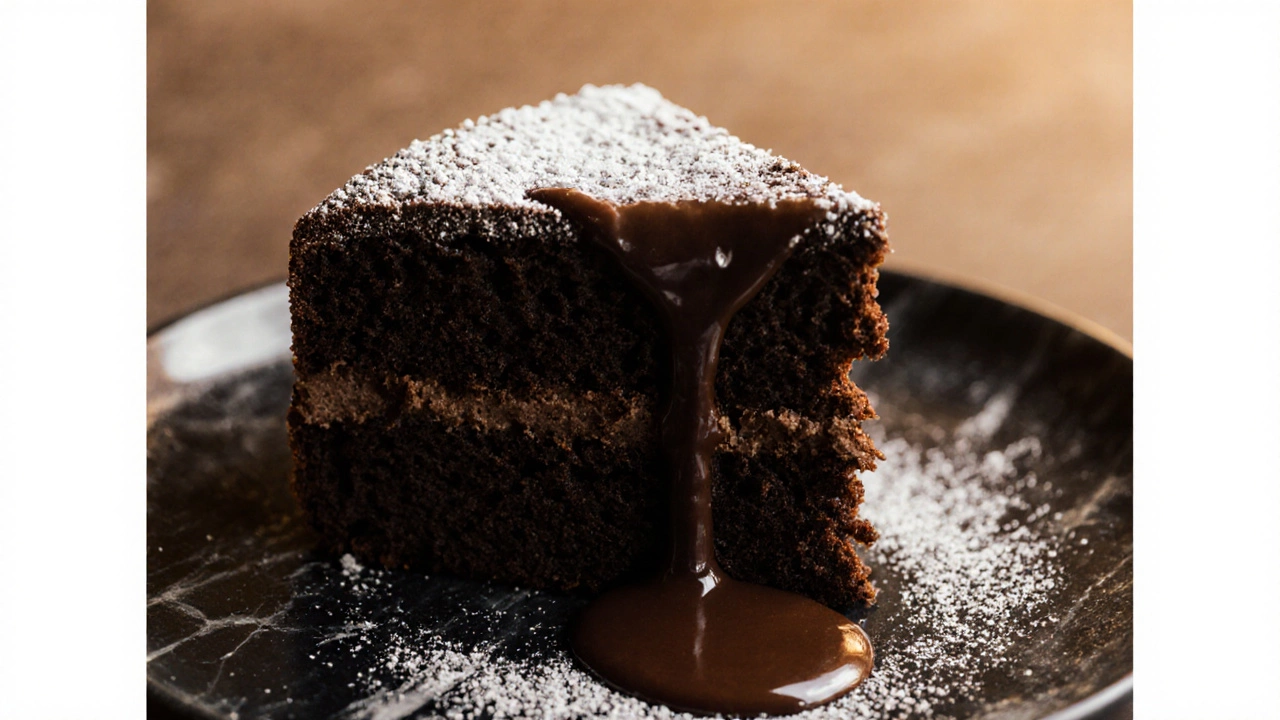 Close‑up of a chocolate cake slice showing moist crumb, ganache drizzle, and powdered sugar.