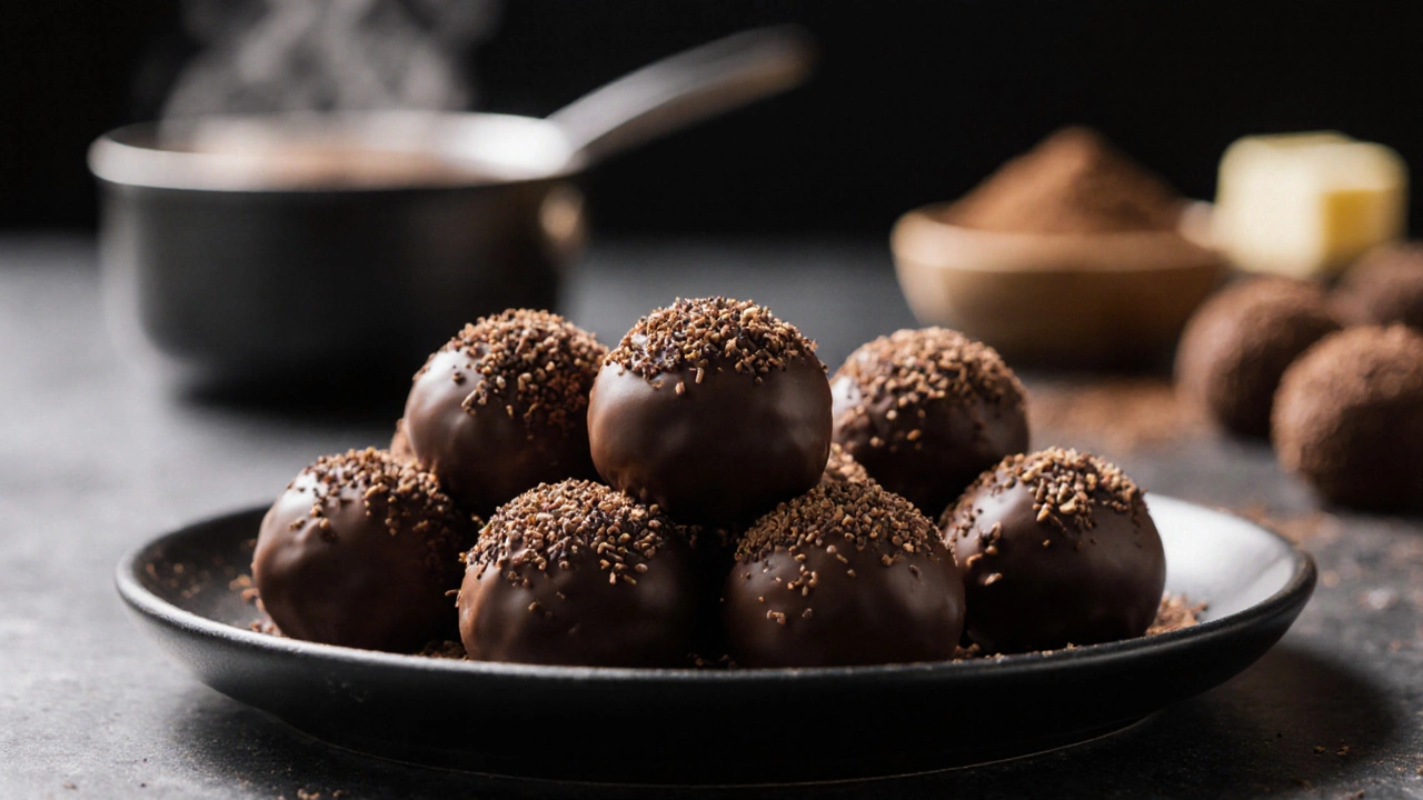 Close-up of glossy chocolate brigadeiro balls rolled in sprinkles on a rustic wooden surface.