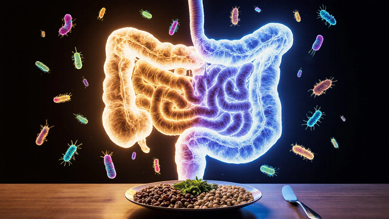 Digital art of intestine showing healed villi and vibrant gut microbes beside gluten‑free foods.