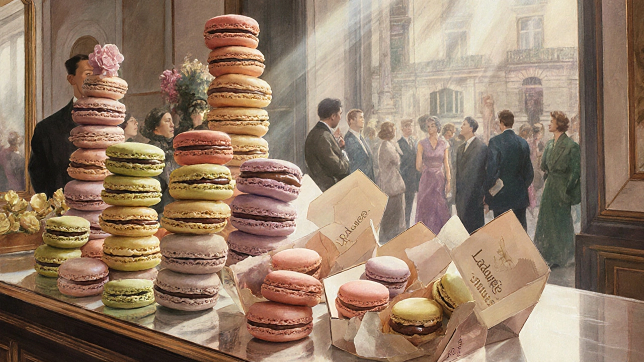 Early 1900s Paris patisserie counter with colorful macaron towers and elegant customers.