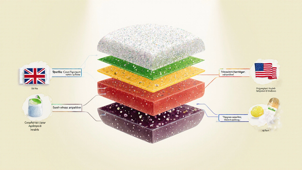 Exploded Skittle showing sugar, corn syrup, palm oil, pectin layers with UK and US packets.