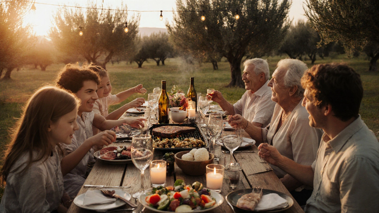 Family enjoying an outdoor Italian dinner at sunset, with grilled dishes, salad, wine, and candles.