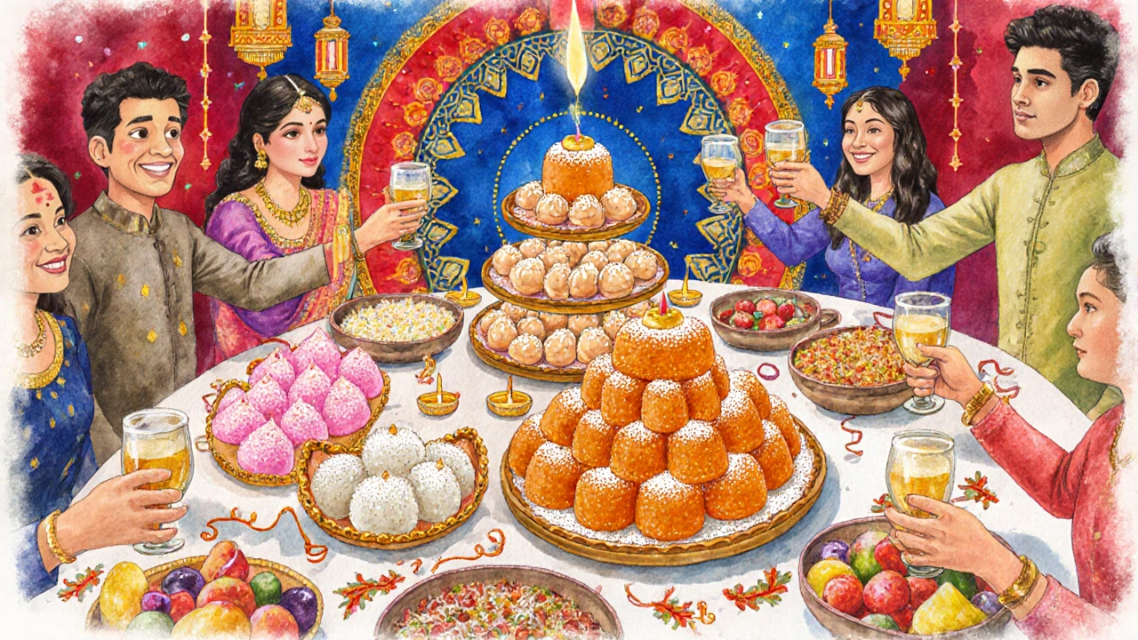 Festive Diwali table filled with colorful vegan Indian sweets enjoyed by smiling guests.