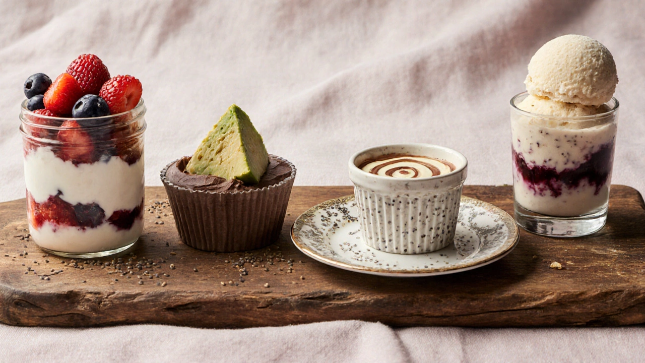 Five healthy desserts displayed on a wooden board: parfait, mousse, lemon cake, pudding, ice cream.