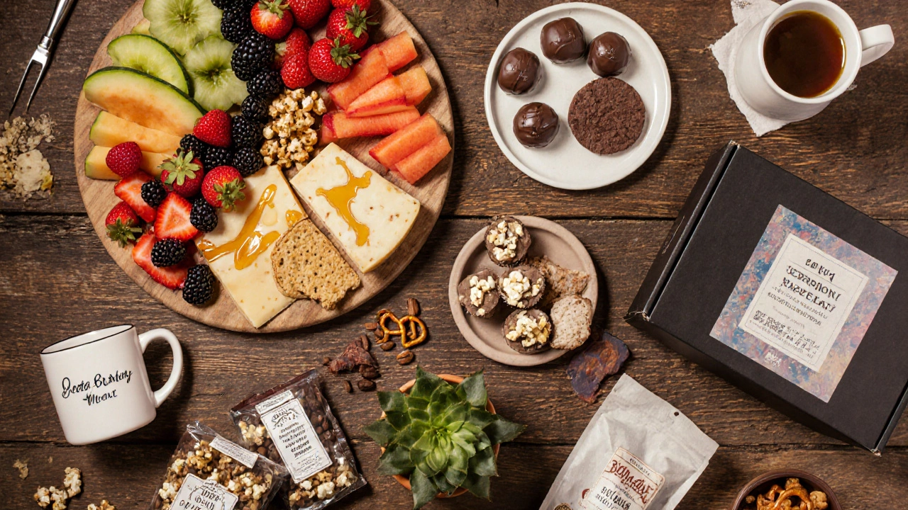 Flat lay of fruit platter, cheese board, truffles, DIY kit, mug, plant, subscription box, ice‑cream, and snack basket.