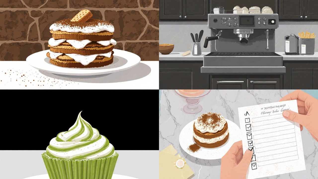 Four distinct tiramisu styles from Rome, New York, Tokyo, and a home baker displayed side by side.