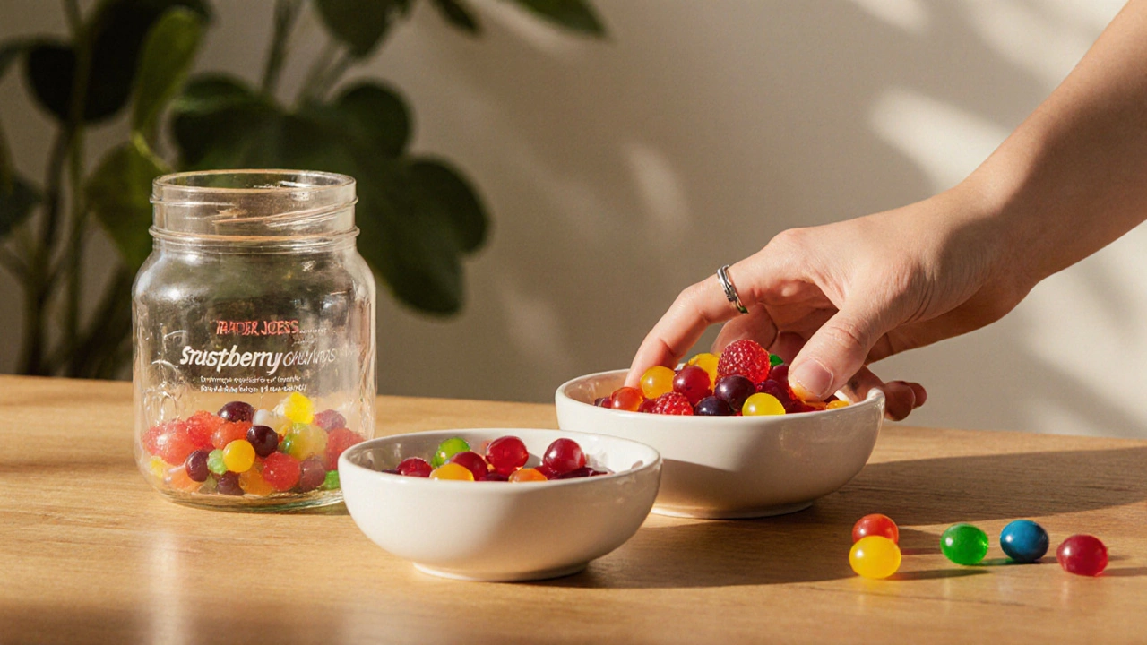 Hand holding vegan gummy alternatives next to Skittles on a wooden table with leafy backdrop.