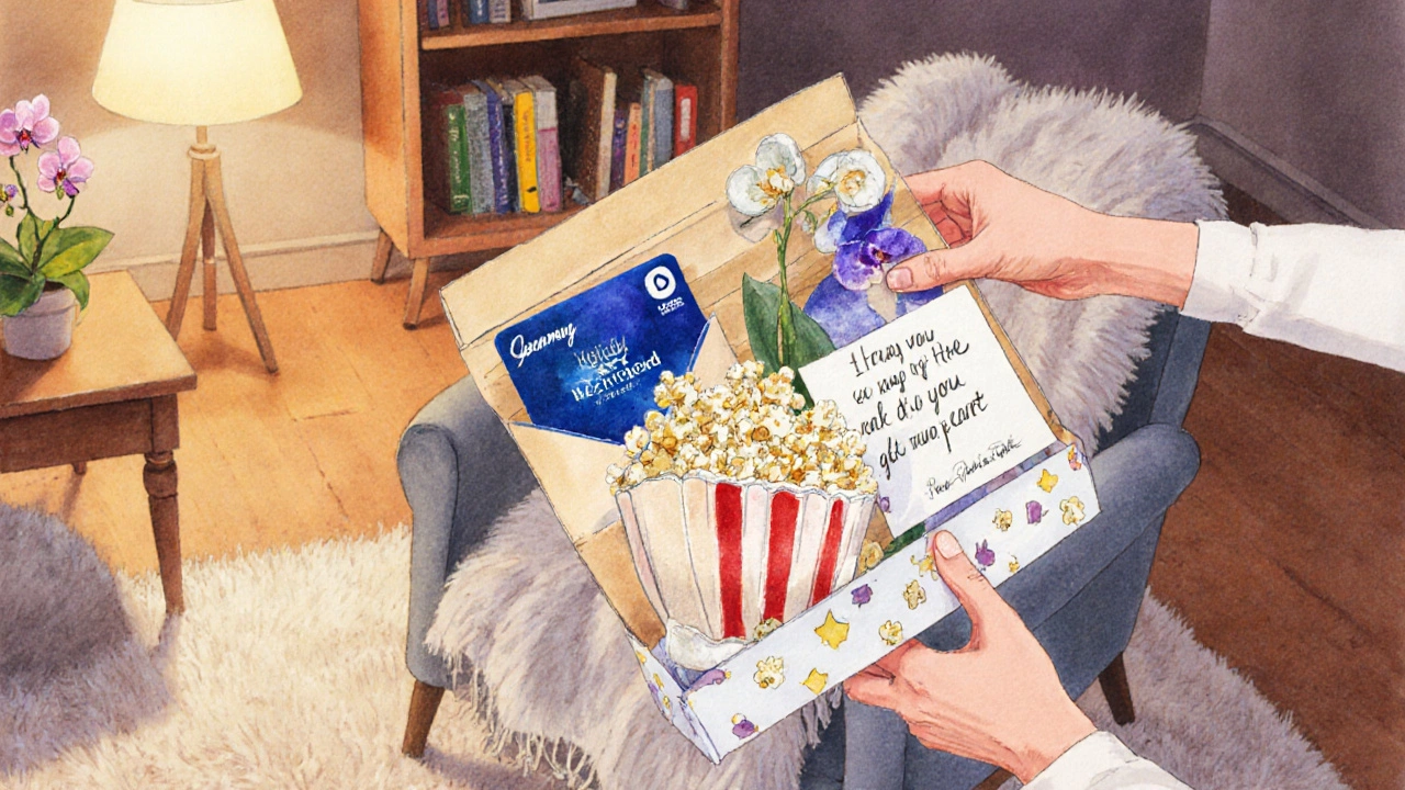 Hands giving a movie‑night gift set with popcorn, gift card, blanket, note, and orchid.