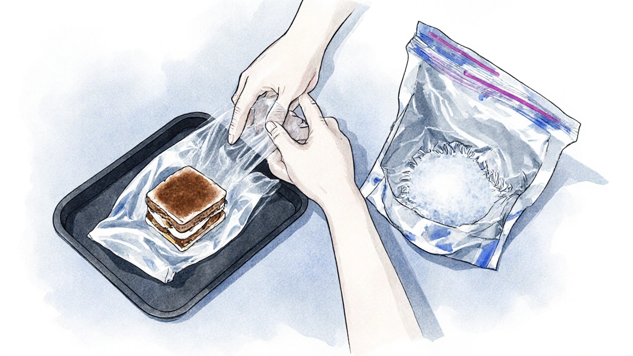Hands wrapping tiramisu with plastic wrap and foil, then placing it on a tray.