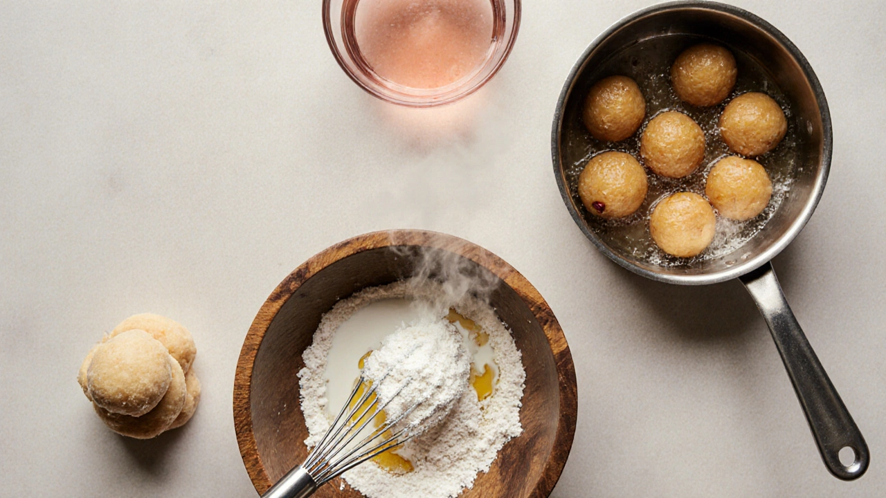 Home kitchen where vegan Gulab Jamun are shaped, fried, and soaked in sugary syrup.