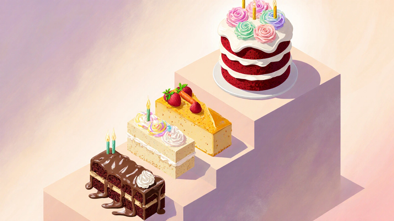 Illustrated cake staircase showing cheesecake, carrot, vanilla, chocolate, and red velvet cakes.