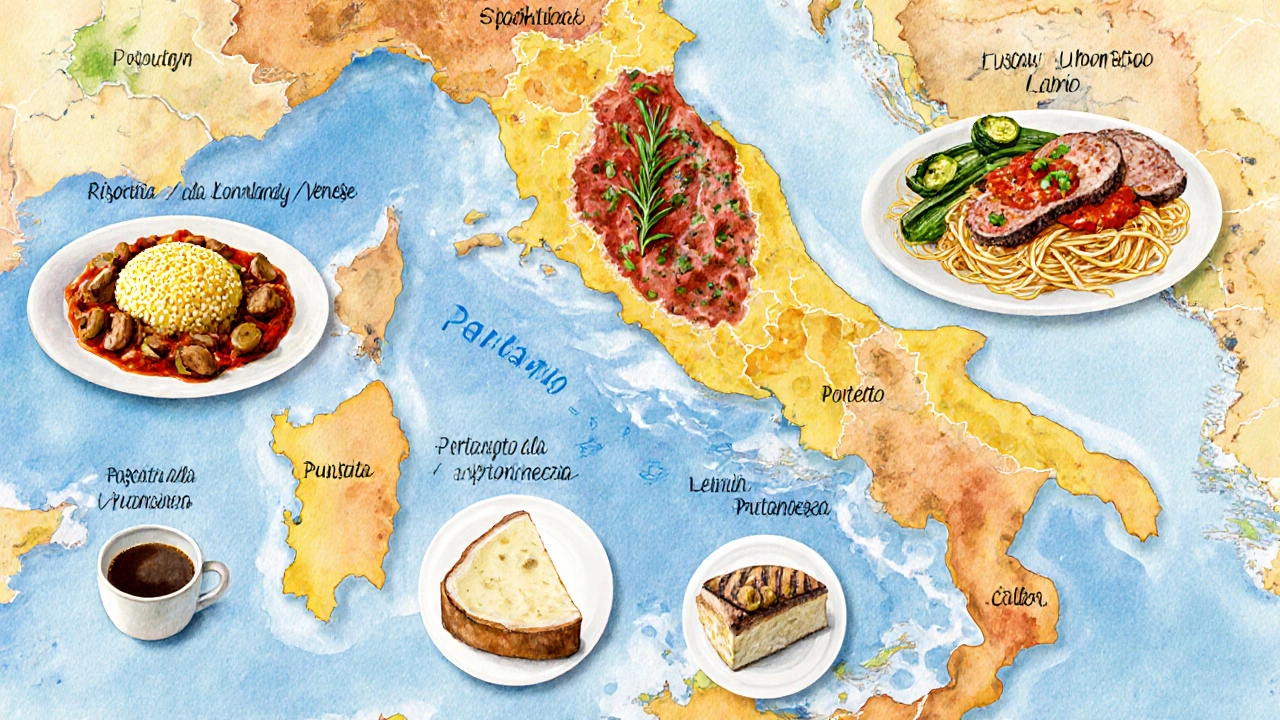 Illustrated map of Italy showing regional dishes: northern risotto, central bruschetta and pork chops, southern puttanesca and cassata.