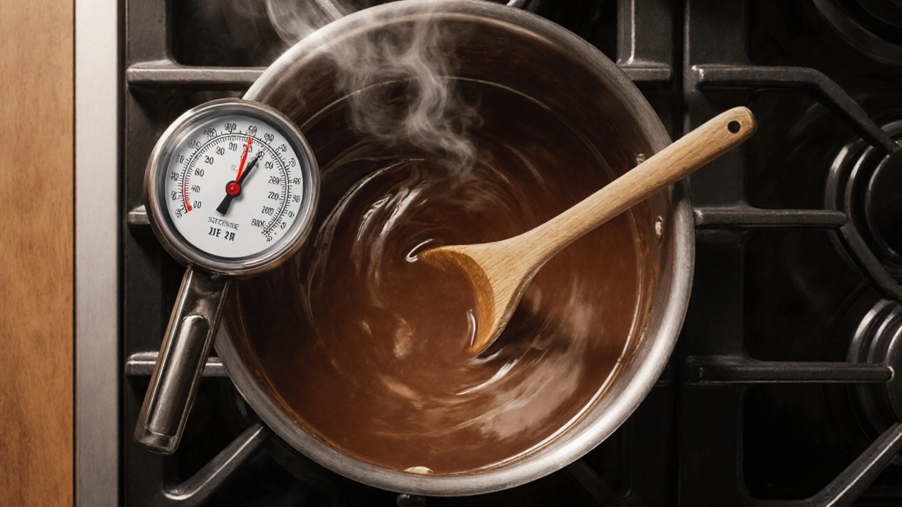 Illustration of a saucepan with fudge mixture and thermometer at soft‑ball stage.