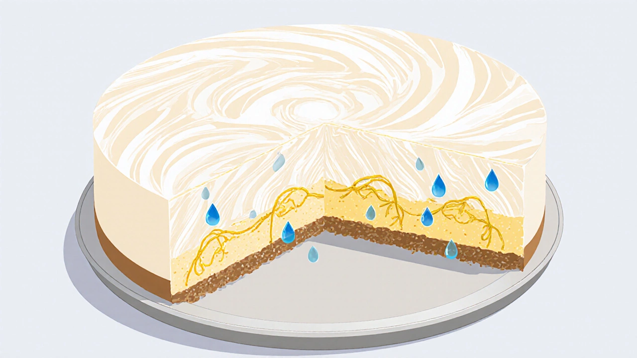 Illustration of vinegar droplets interacting with cheese and egg proteins in batter.