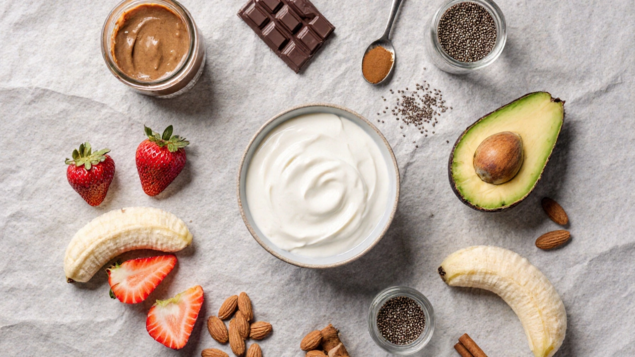 Ingredients for a custom healthy dessert arranged on a pastel surface, including yogurt, fruit, nuts, and dark chocolate.