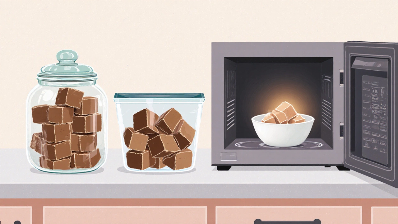 Kitchen scene showing fudge stored in jar, fridge, freezer, and being microwaved.