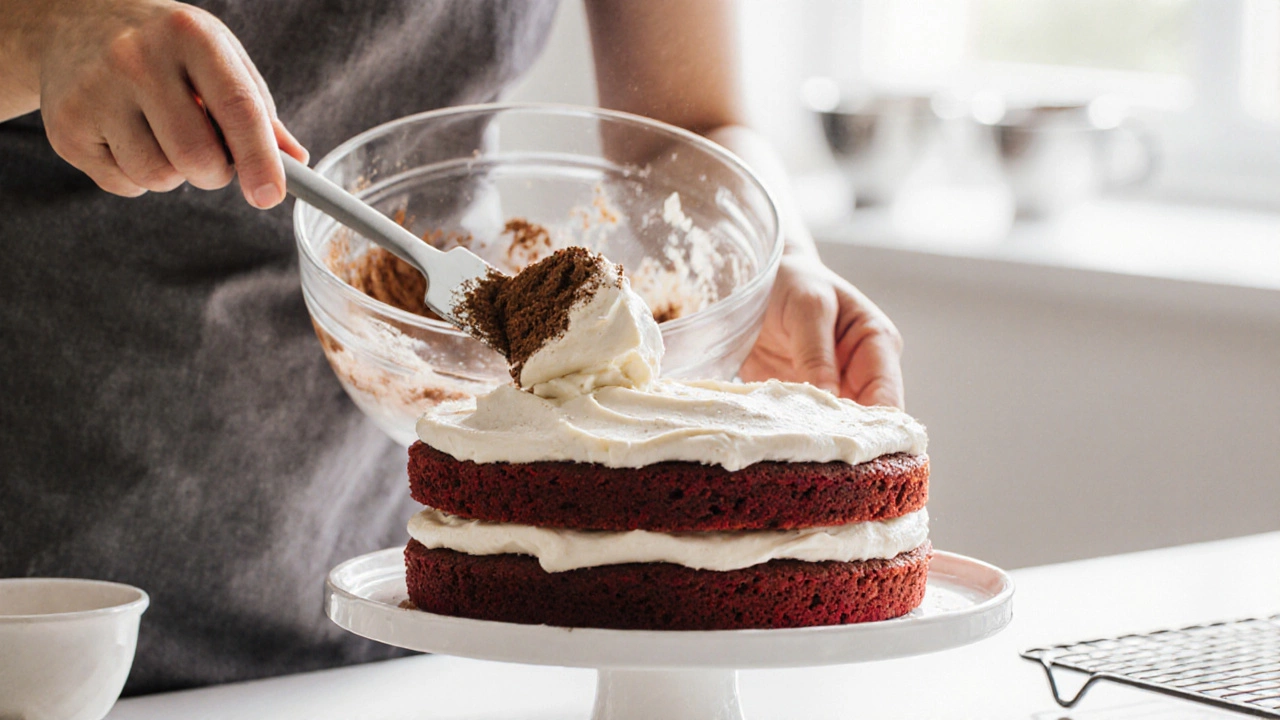 Macro photo of hands frosting a red velvet cake with cream cheese buttercream.