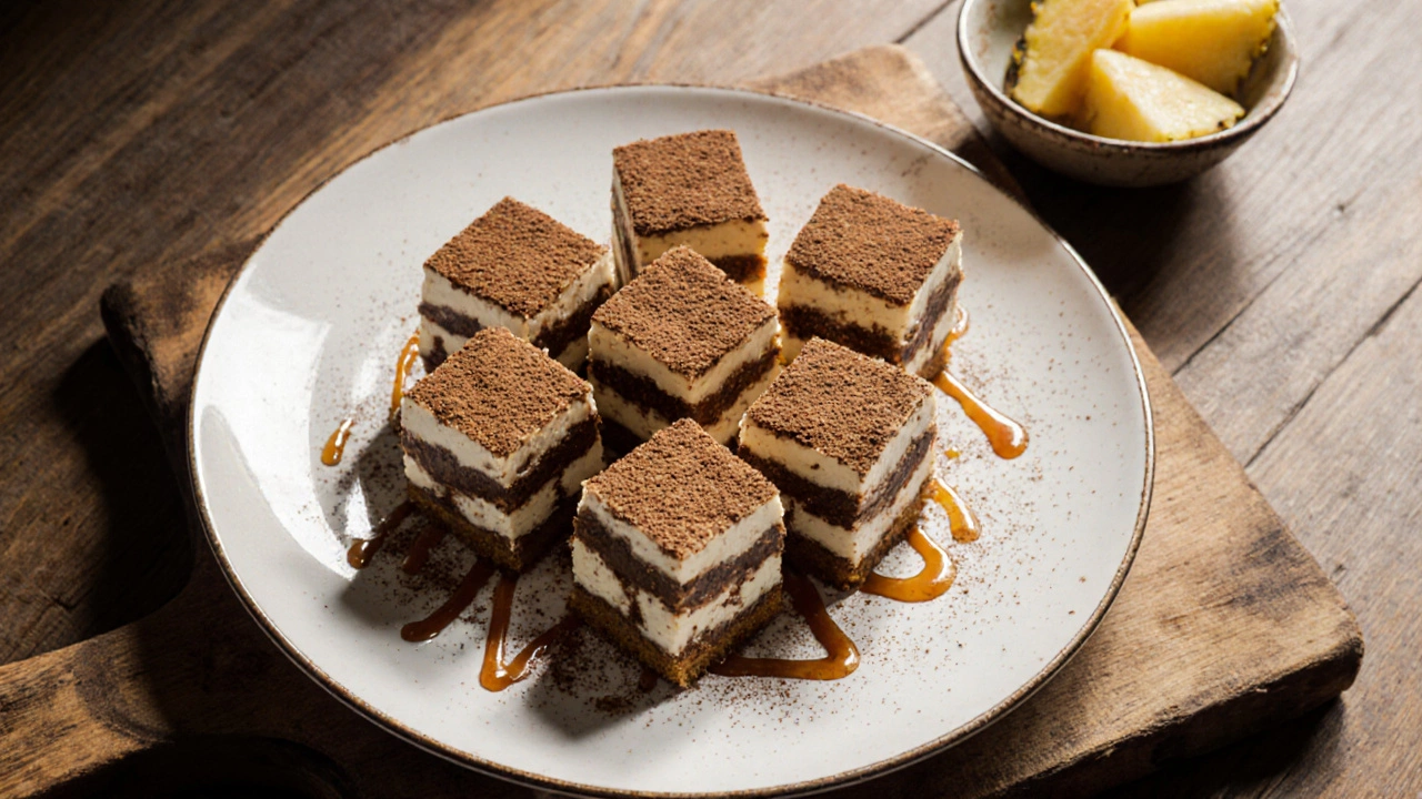 Overhead view of coalho‑based tiramisu drizzled with caramel and dusted with cocoa.