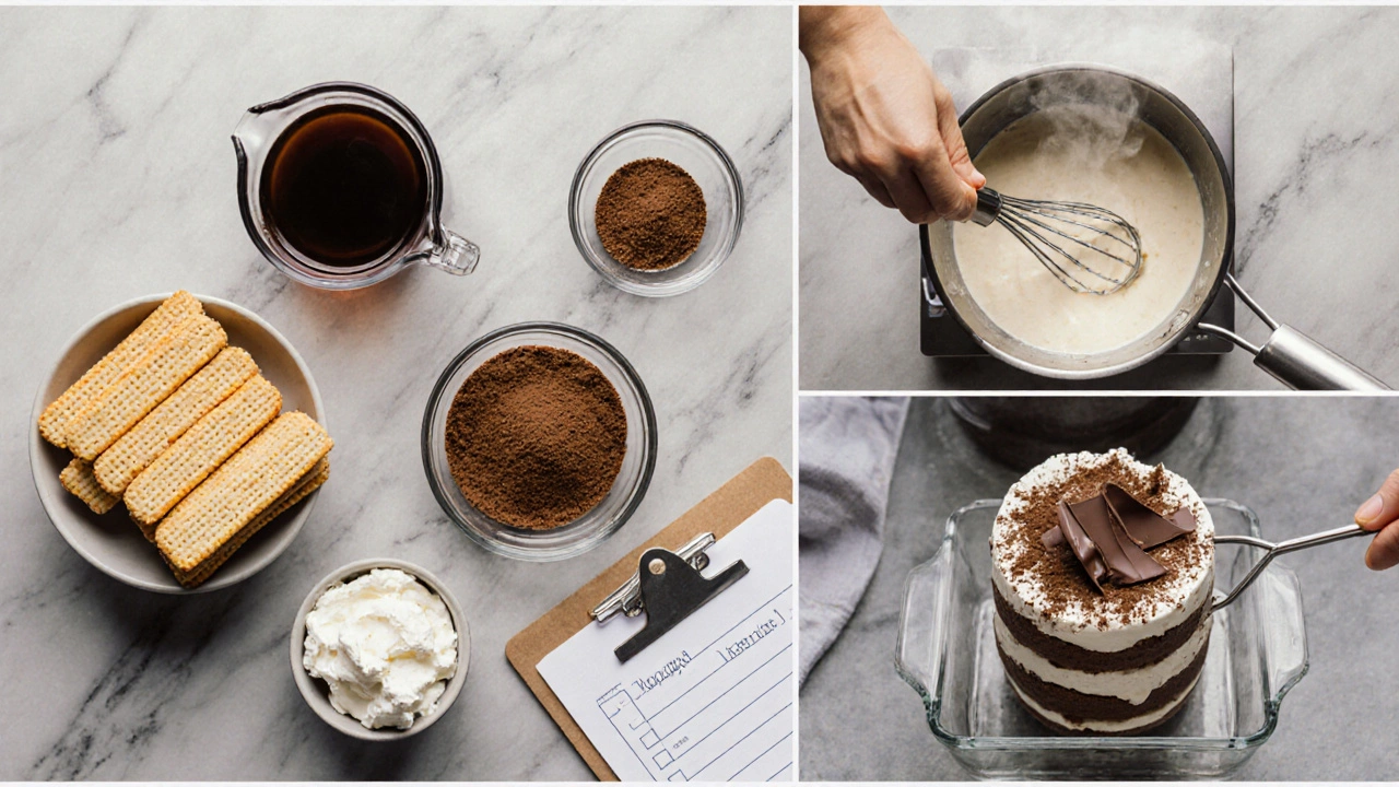 Overhead view of tiramisu ingredients and steps, showing whisk, bowl, ladyfingers, and cocoa dust.