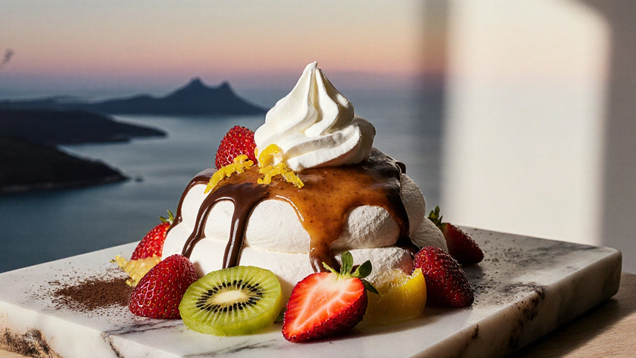 Pavlova topped with whipped cream, kiwi, strawberries, passion fruit, and cocoa drizzle on marble.