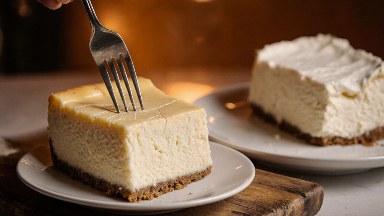 Side‑by‑side cheesecake slices, dense glossy slice next to airy slice with a small crack.