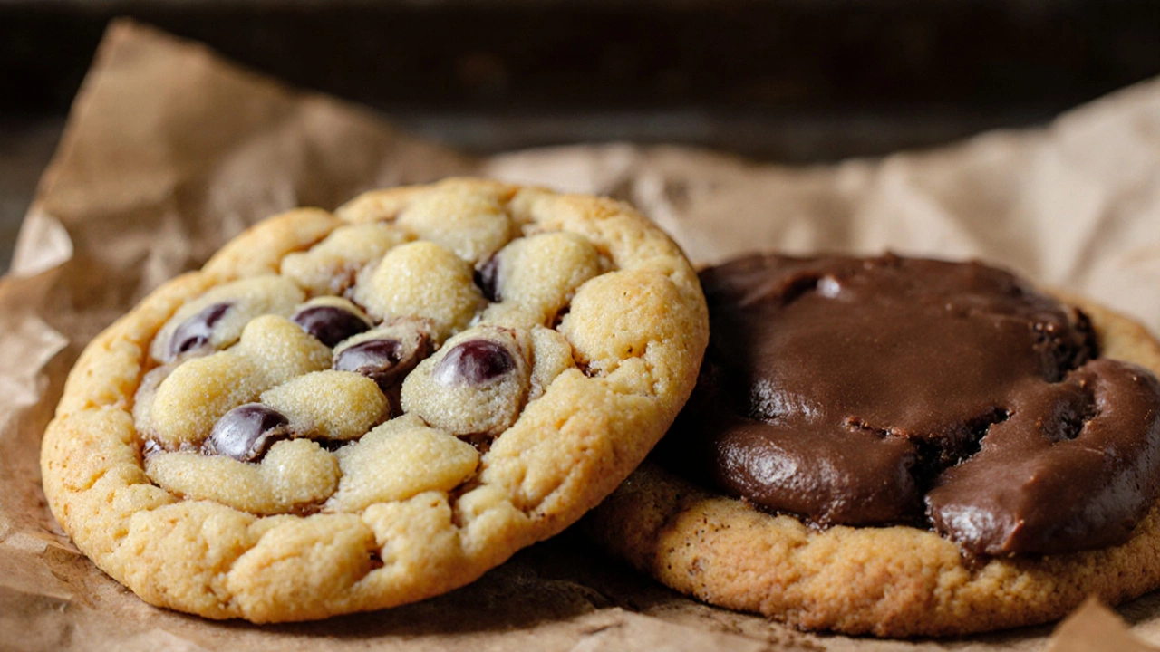 Side‑by‑side close‑up of a one‑egg cookie (thin, crisp) and a two‑egg cookie (thick, cake‑like).