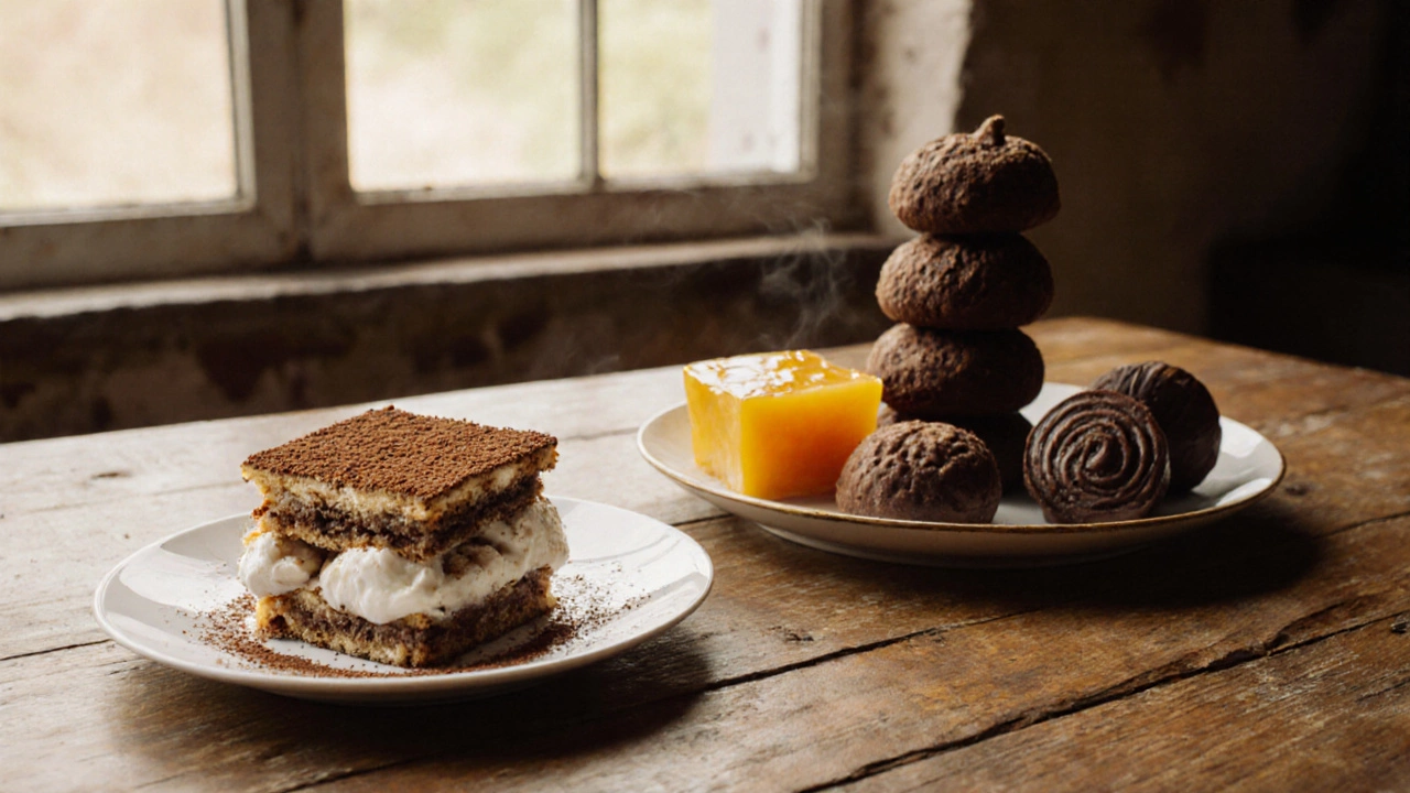 Side‑by‑side display of a slice of tiramisu and a plate of assorted Brazilian sweets, highlighting texture differences.