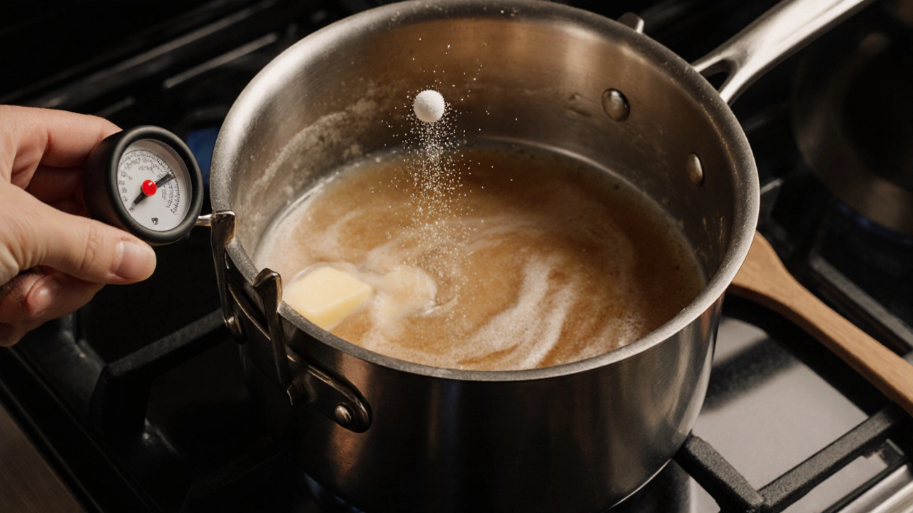 Stirring pot of sugar syrup on stove with candy thermometer and cream of tartar.