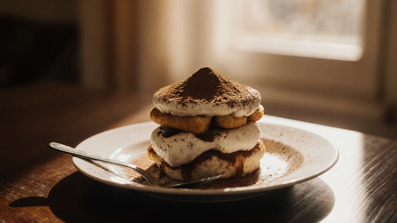 Thawed tiramisu on a plate, dusted with cocoa powder, ready to serve.