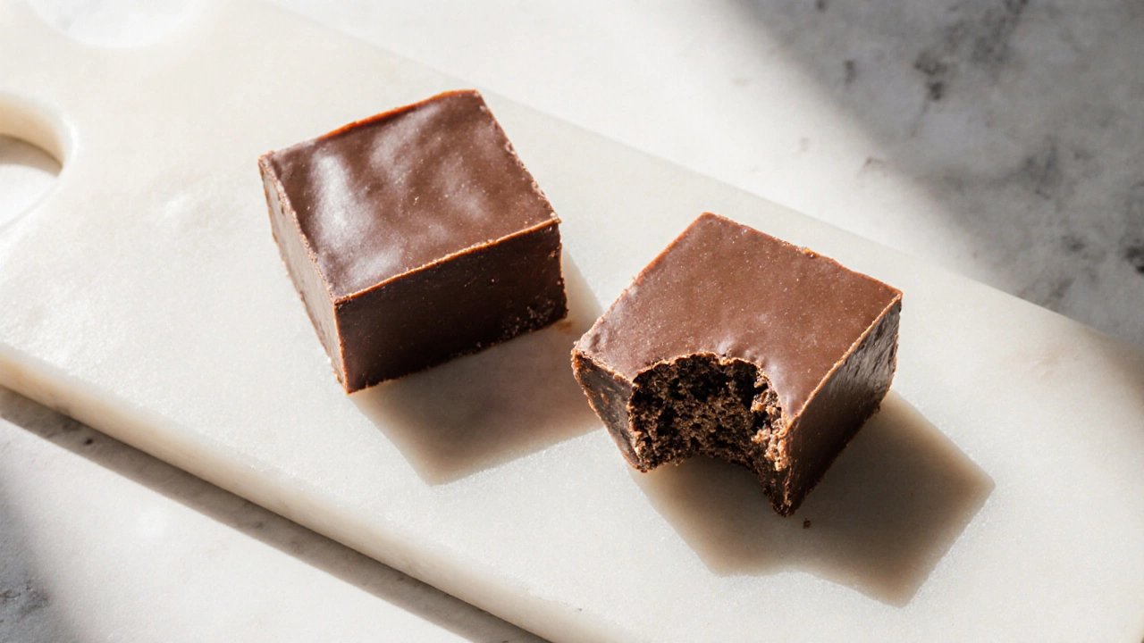 Two fudge squares side by side, one smooth and glossy, the other grainy and dull.