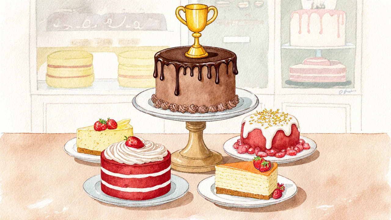 Watercolor illustration of a cake podium featuring chocolate cake on top and other cake varieties below.
