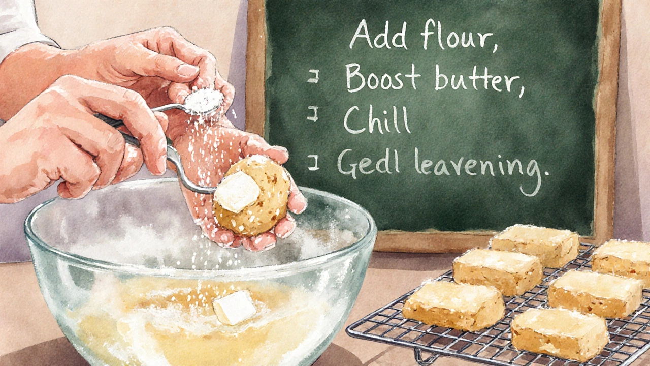 Watercolor of hands adding flour, butter, and chilling over‑egged cookie dough.
