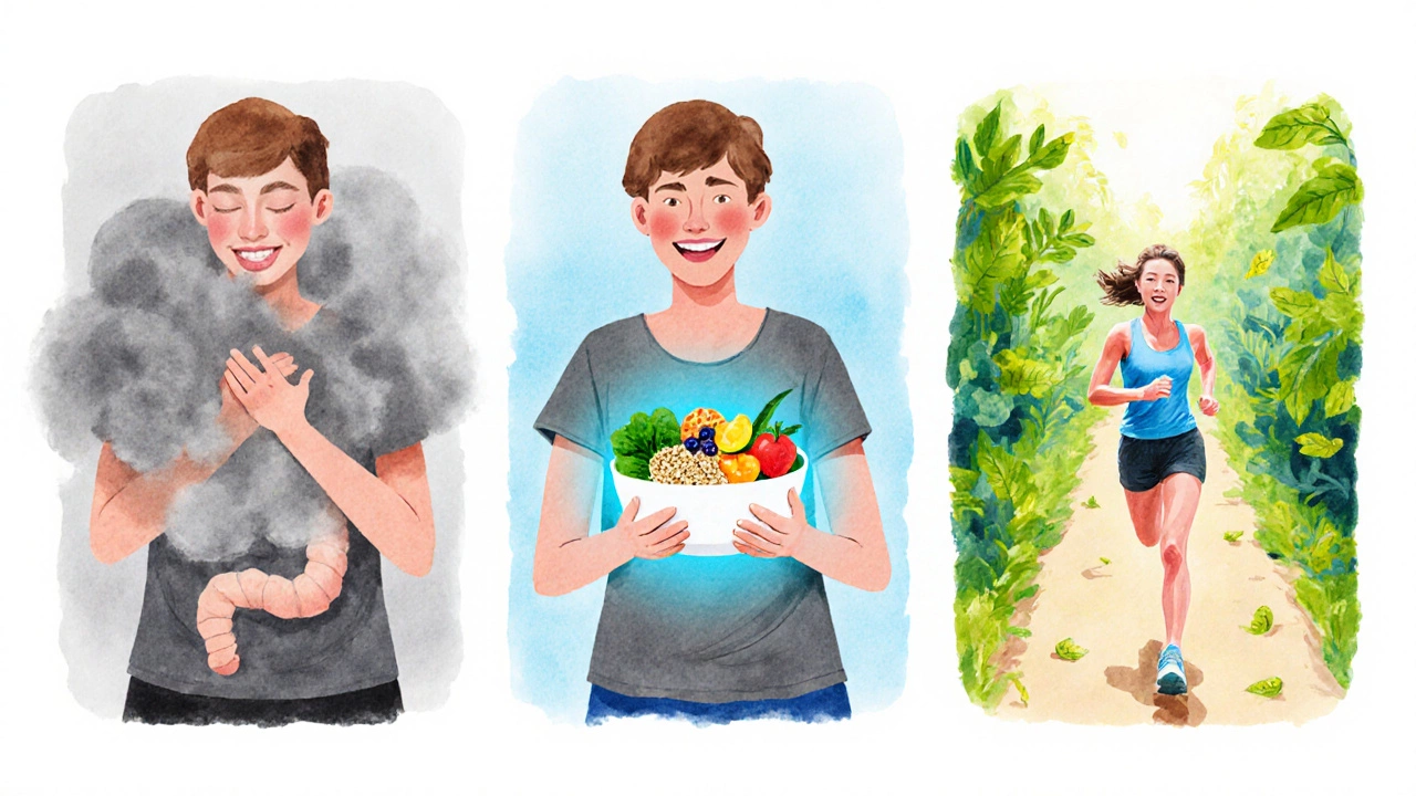 Watercolor panels showing bloating, then relief with healthy foods, then energetic jogging.