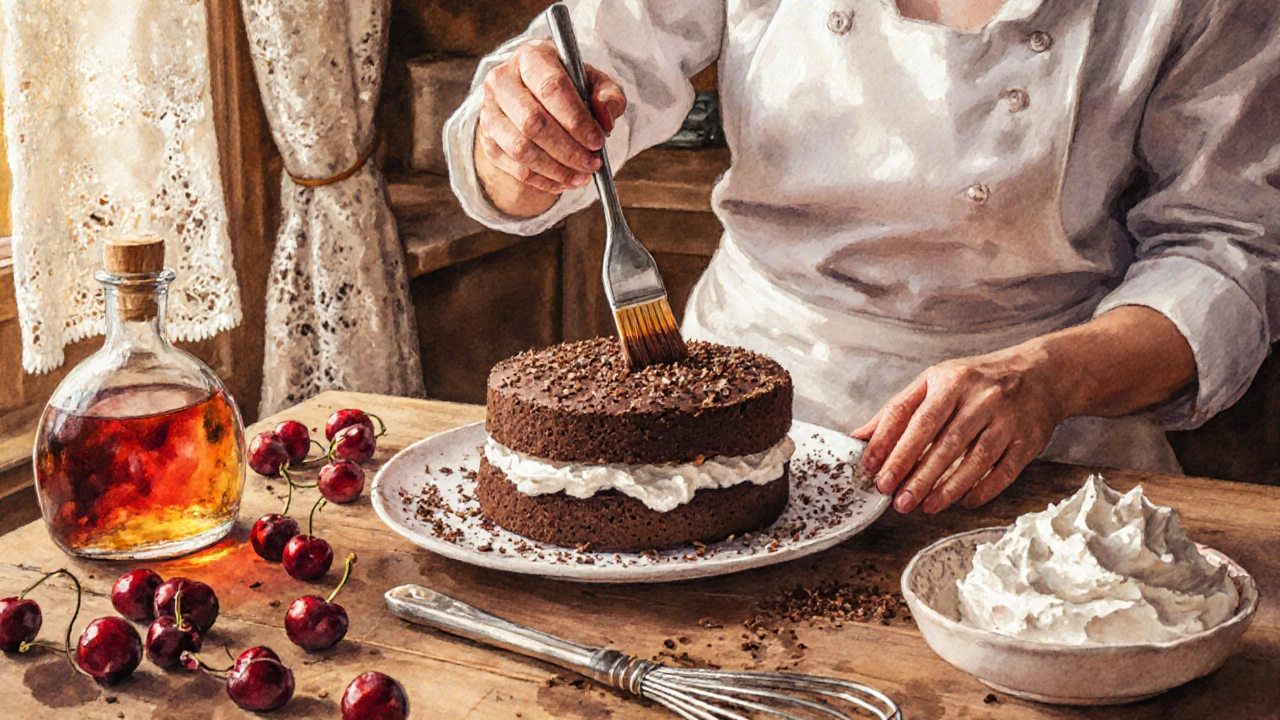 A baker brushing cherry brandy syrup onto a chocolate cake layer in a cozy kitchen with cherries and cream nearby.