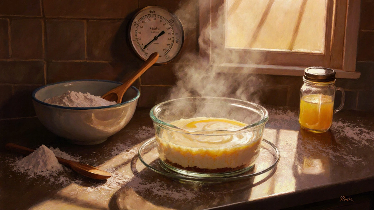 A cheesecake baking in a water bath with steam rising in a quiet, sunlit kitchen.