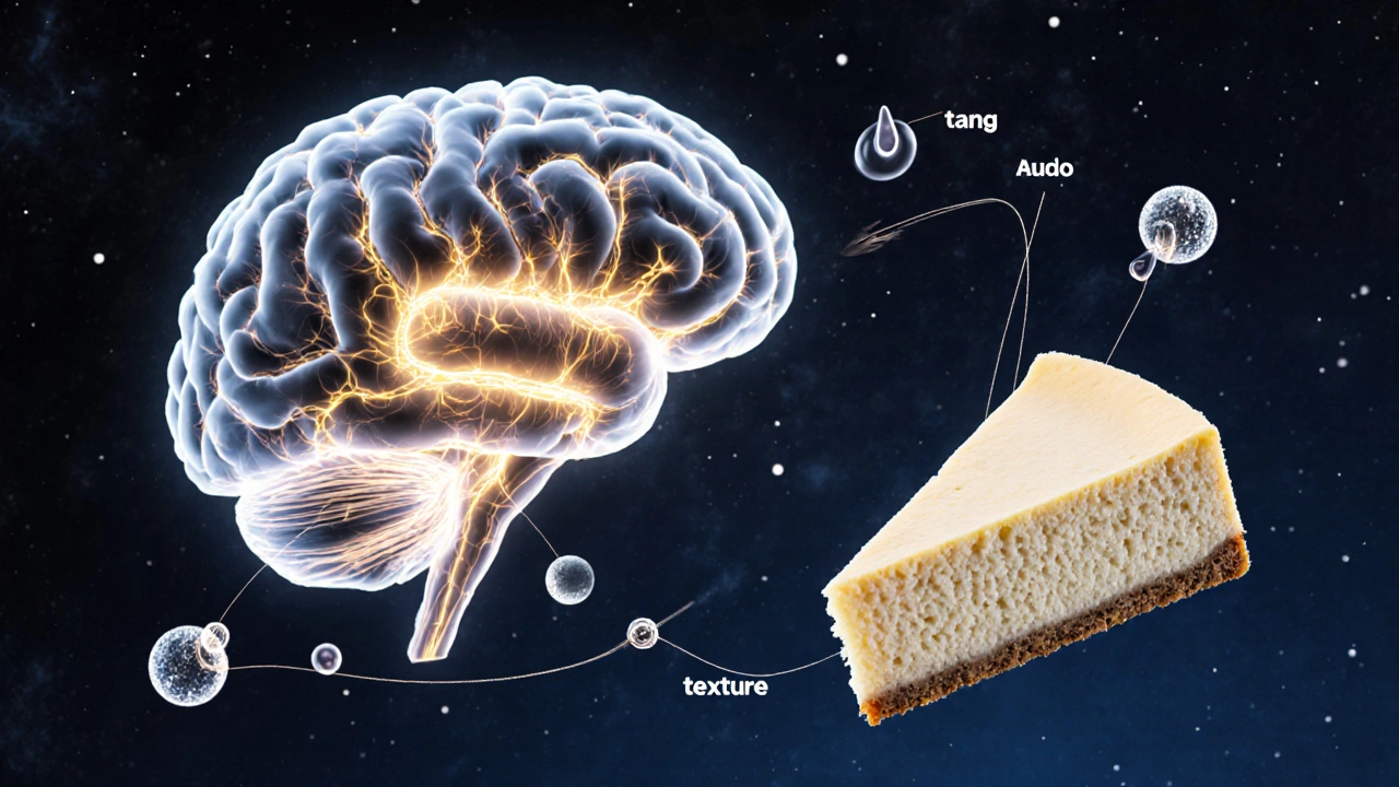 A glowing brain responding to a cheesecake with swirling fat, sugar, and acid molecules.