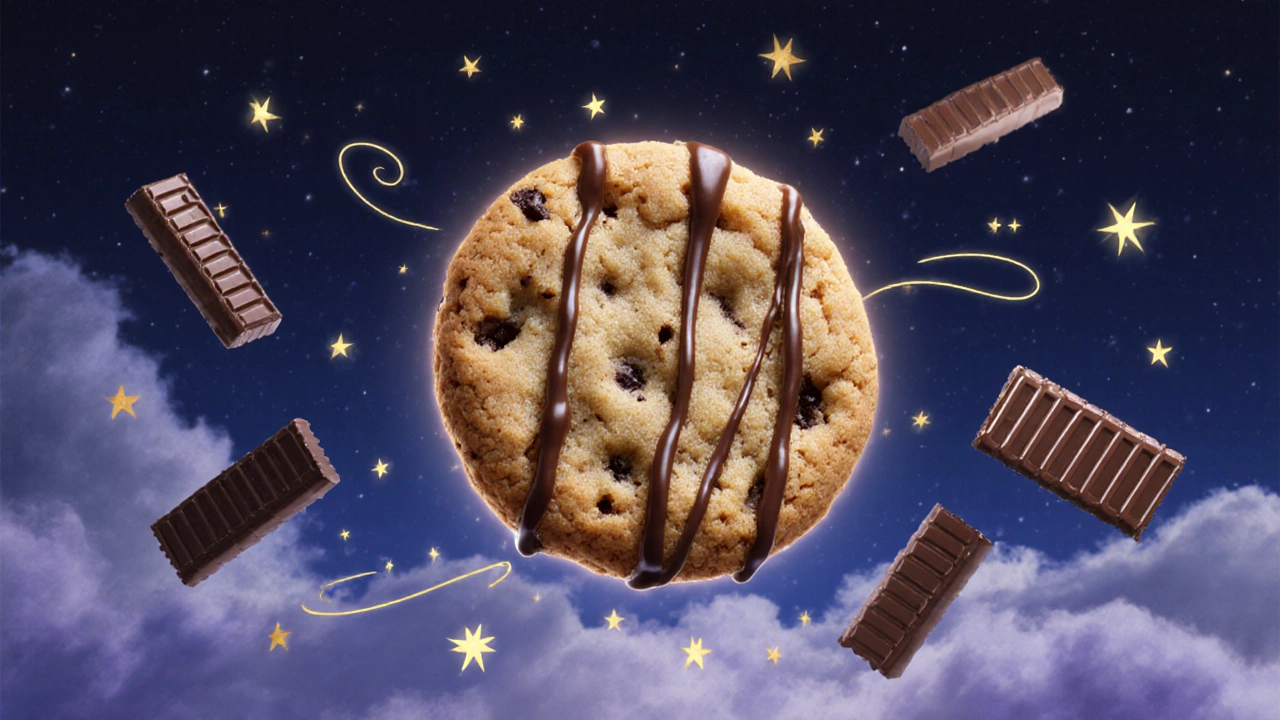 A glowing cookie floating in a starry sky with candy bar shapes and chocolate trails.