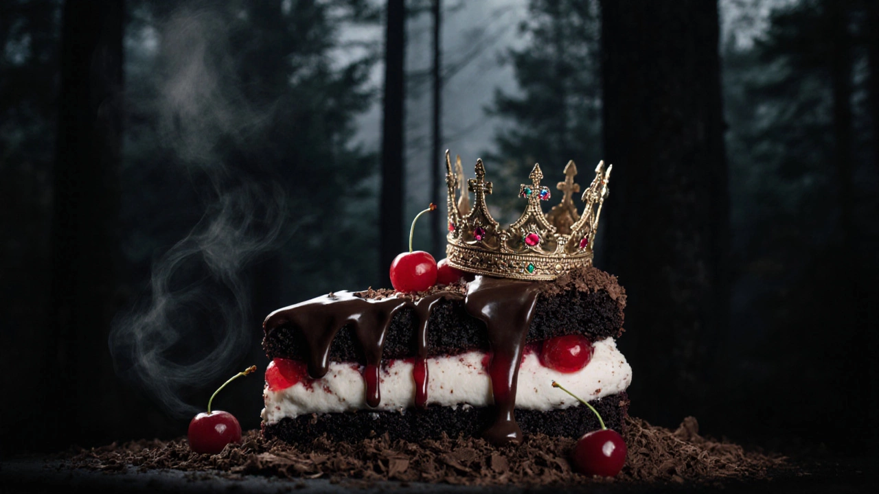 A royal crown resting on a slice of Black Forest cake with chocolate shavings and cherries, evoking regal tradition.