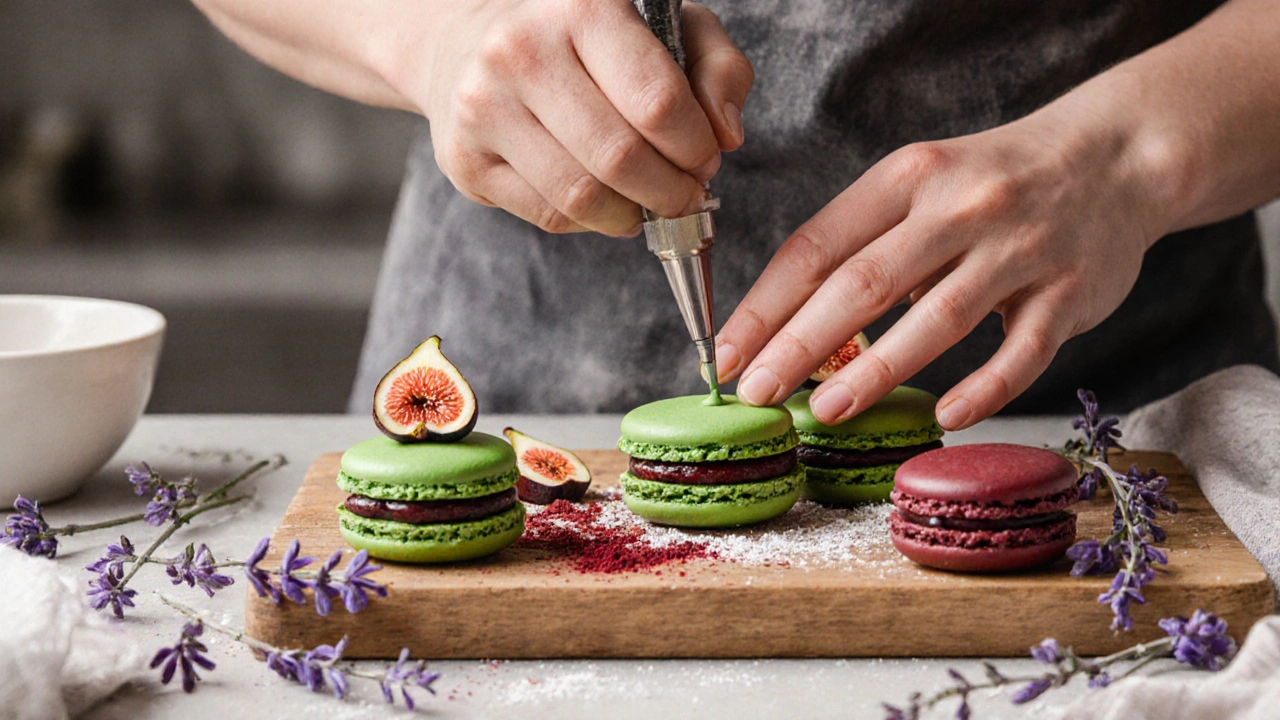 Baker piping matcha and balsamic fig fillings into macaron shells with herbs nearby.