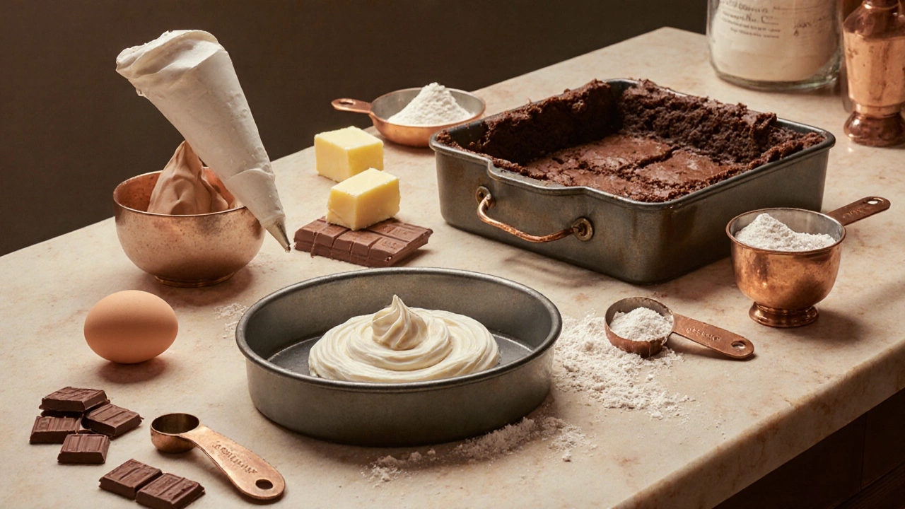 Baking pans and ingredients on a kitchen counter, showing differences in dessert preparation.