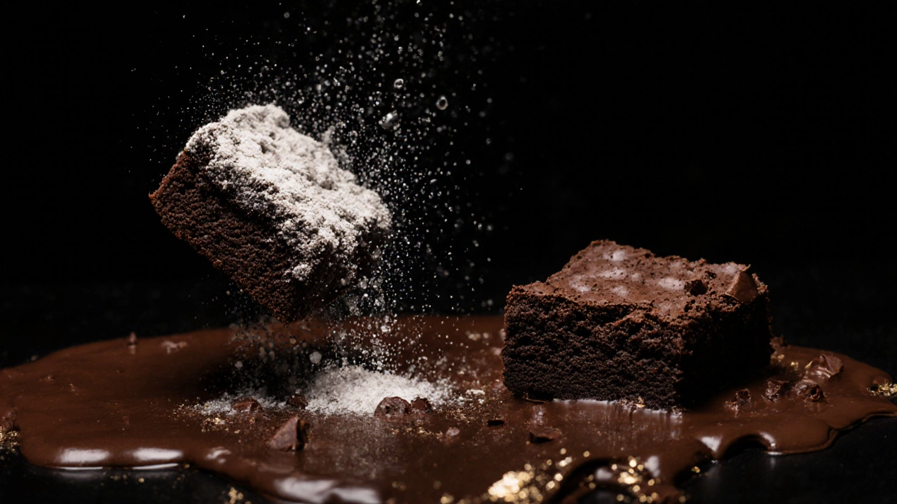 Chocolate brownie and cake floating in air, one dissolving into clouds, the other melting into chocolate.