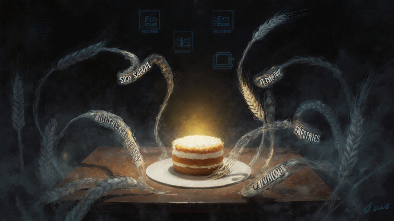 Delicate gluten-free cake surrounded by invisible threats made of wheat stalks