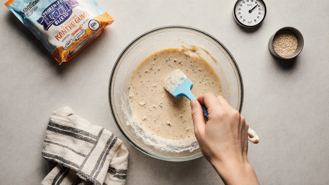 Hand gently folding gluten-free cake batter in a bowl, with timer and flour blend visible on counter.